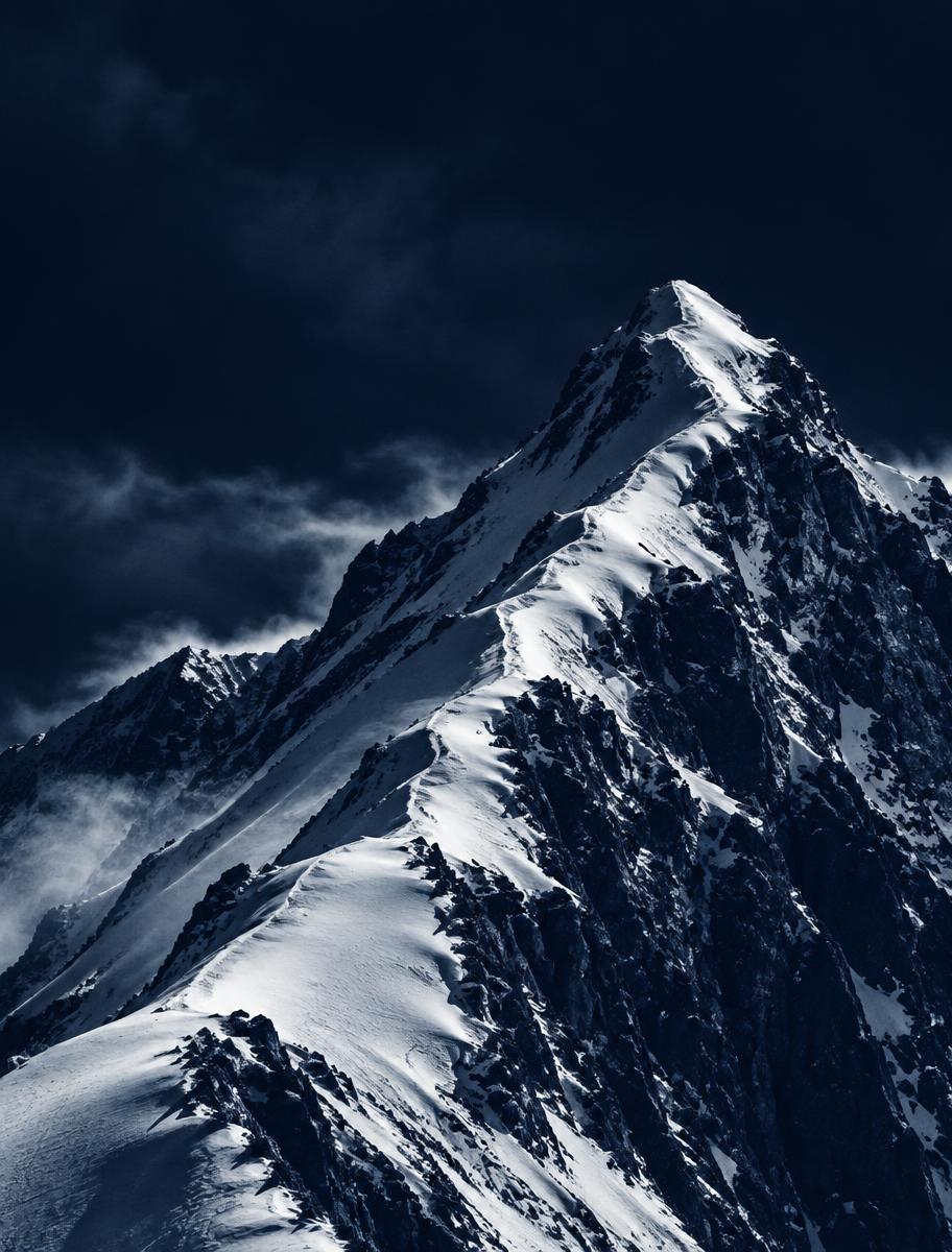 Snow-covered mountain peak in navy duotone
